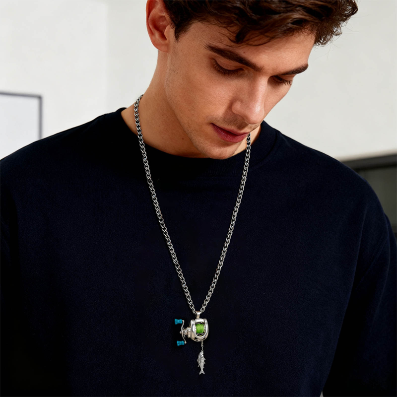 Silver-Tone Fishing Reel Pendant Necklace - product view 1